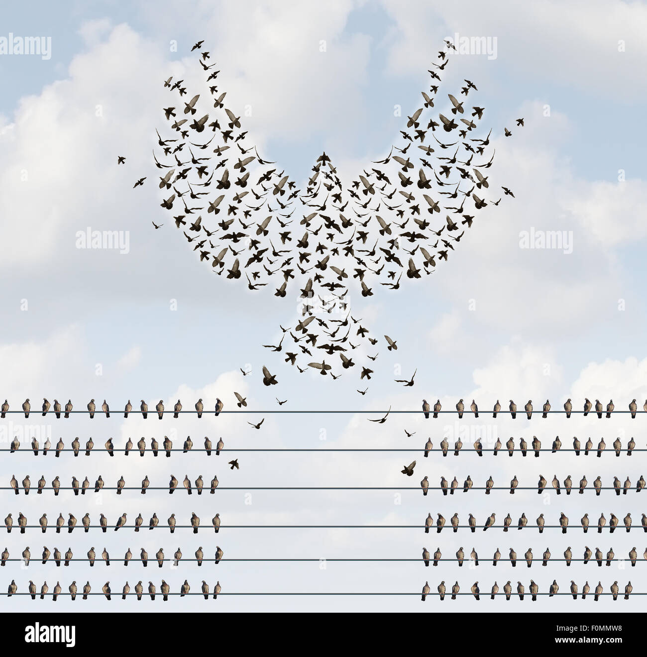 Réussite de l'organisation business concept comme un groupe d'oiseaux sur un fil avec une équipe s'envoler et formant un oiseau volant forme avec ailes ouvertes comme une métaphore pour le courage de créer de nouvelles opportunités. Banque D'Images