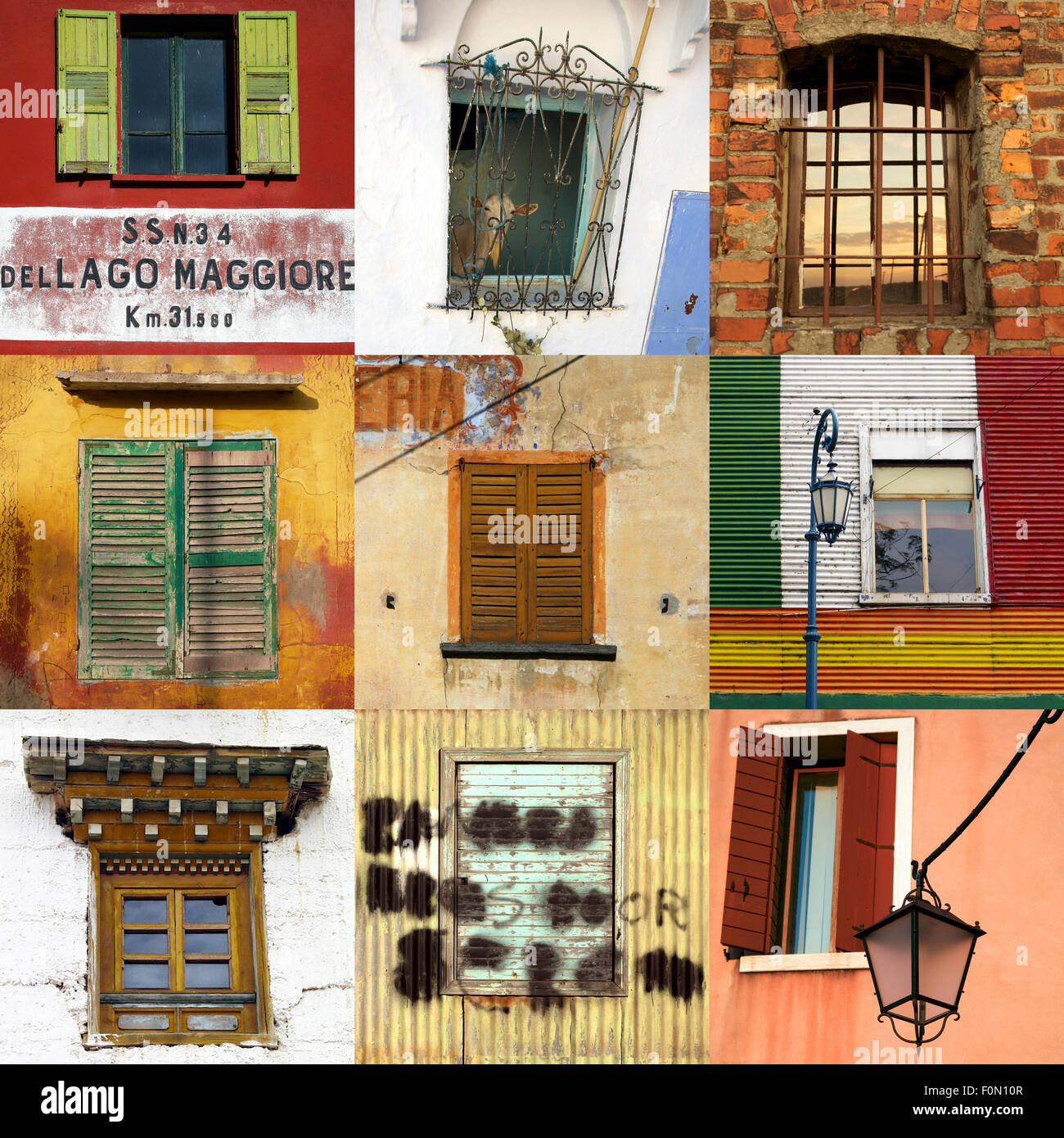 Composition haute définition de 9 fenêtres maisons dans divers endroits du monde Banque D'Images