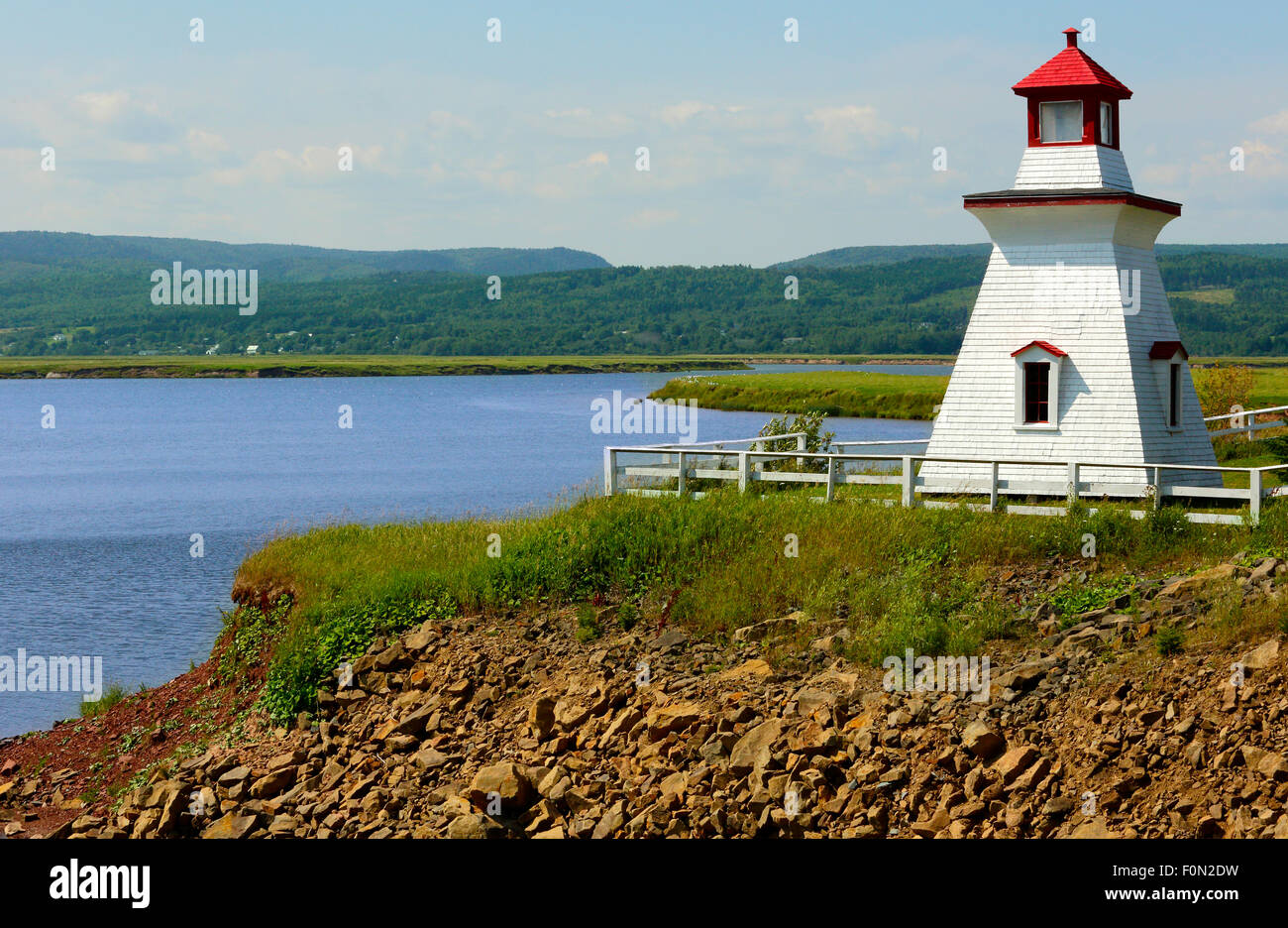 L'Anderson Hollow phare sur les Harvey Bank, de Mary's Point, donnant sur la baie de Shepody, Nouveau Brunswick, Canada. Banque D'Images