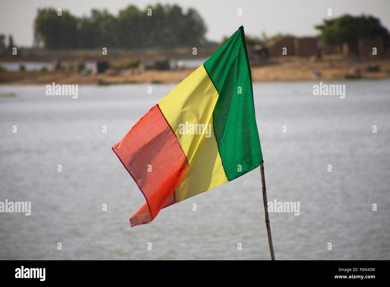 Drapeau Mali flottante par le Delta du Niger derrière Banque D'Images