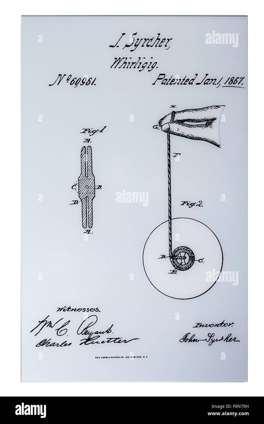 Droit des brevets des États-Unis de jouet Yoyo, vers 1867 - L'Office des brevets et des marques des États-Unis, Washington, DC, USA Banque D'Images