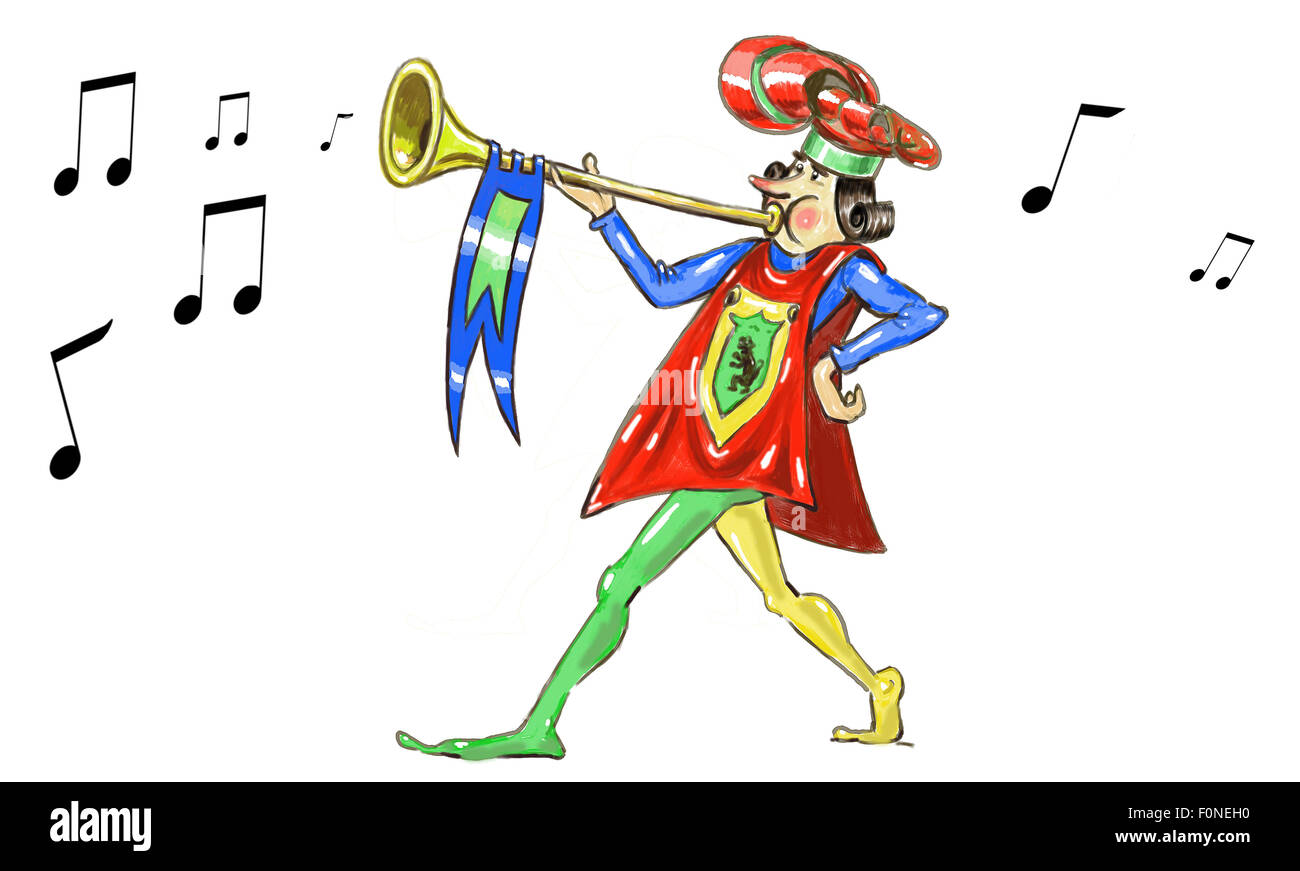 Caractère médiéval à jouer de la trompette dessin illustration fantasy Banque D'Images