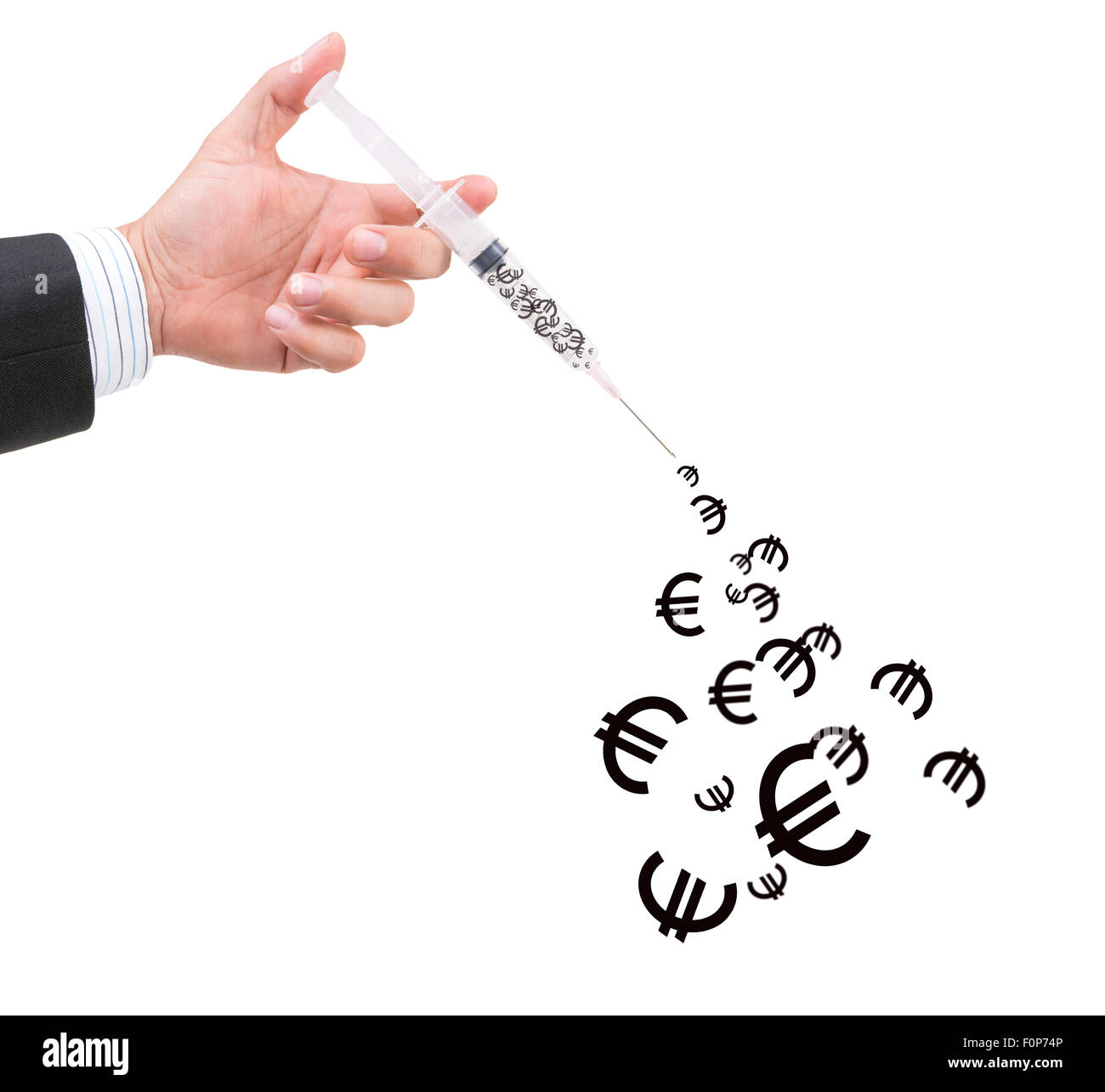 Main tenant seringue remplie de monnaie sur fond blanc Banque D'Images