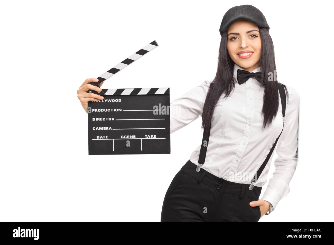 Femme film directeur dans un atelier artistique et tenant un clap isolé sur fond blanc Banque D'Images