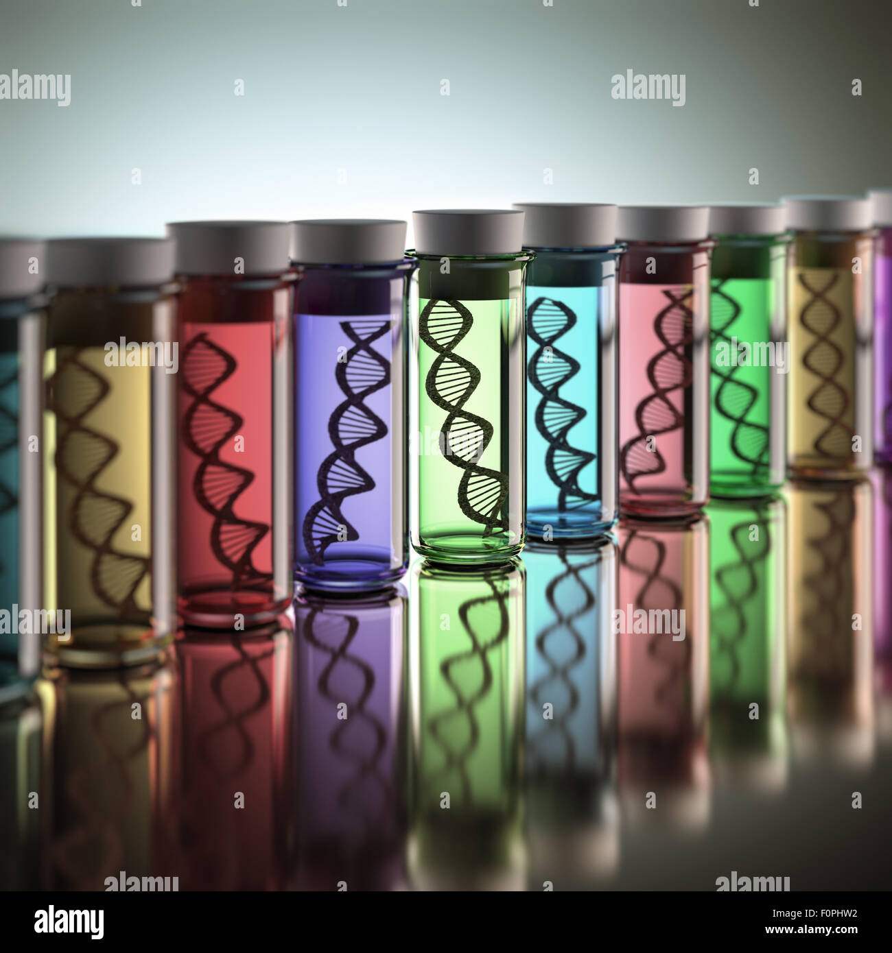 Tubes à essai de couleur avec les codes génétiques à l'intérieur. Notion de copie et modification génétique. Banque D'Images