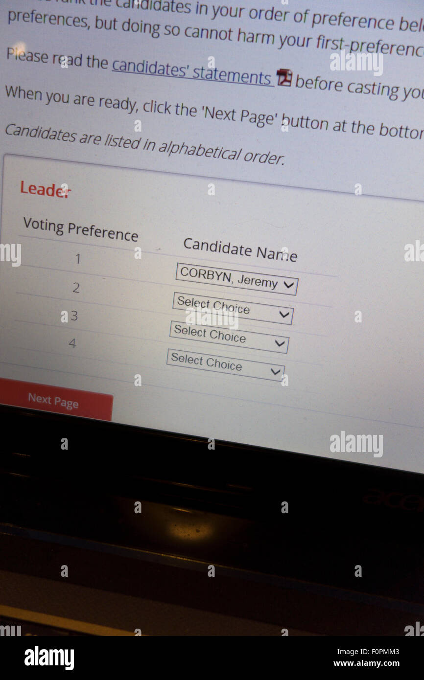 Exeter, Royaume-Uni. Août 19, 2015 capture d'écran de l'ordinateur portable. en ligne formulaire de vote pour l'élection de leadership du travail de premier rang, Jeremy Corbyn pas de second vote tactique élections concours Crédit : Semiotix/Alamy Live News Banque D'Images