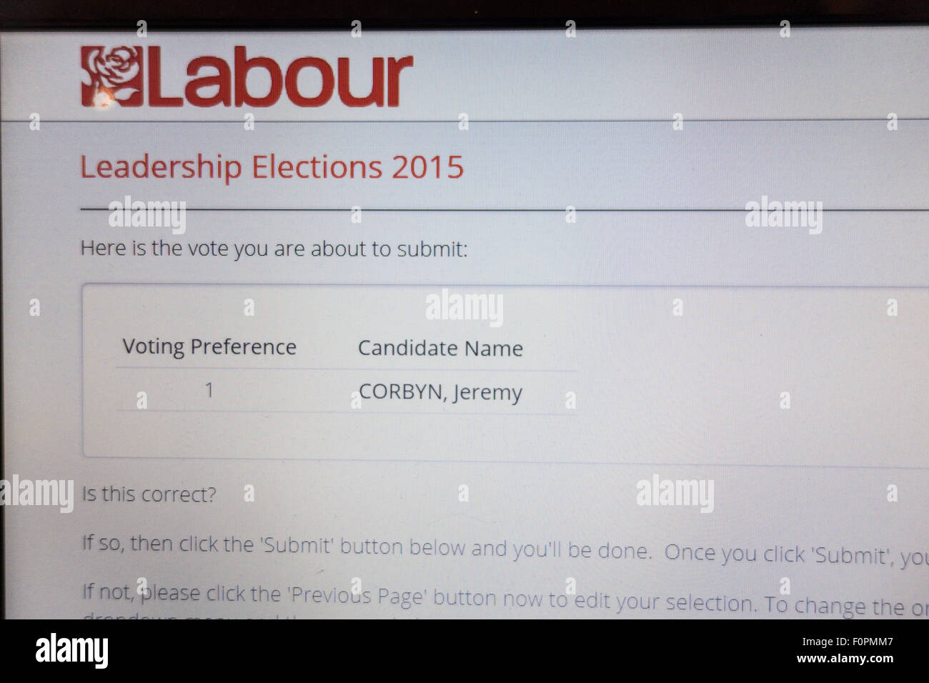 Exeter, Royaume-Uni. Août 19, 2015 capture d'écran de l'ordinateur portable. en ligne formulaire de vote pour l'élection de leadership du travail de premier rang, Jeremy Corbyn pas de second vote tactique élections concours Crédit : Semiotix/Alamy Live News Banque D'Images