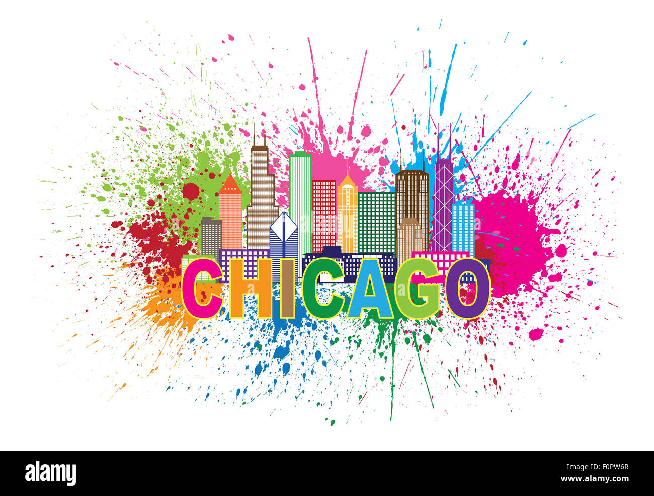 Chicago City Skyline Panorama Silhouette Contour Splatter Peinture Abstract texte colorées isolé sur fond blanc Illustration Banque D'Images