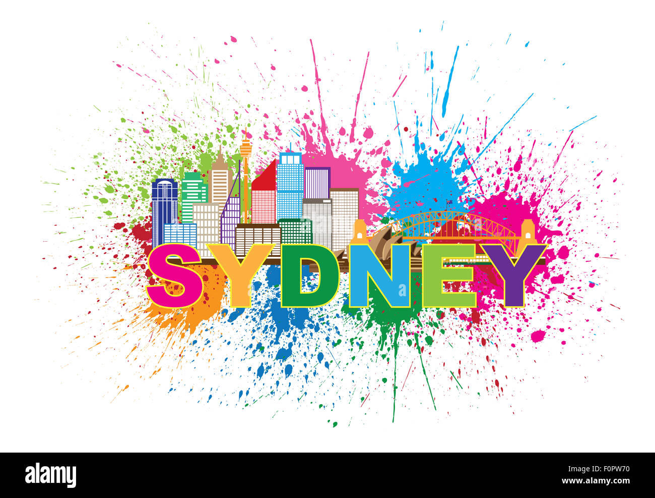 Australie Sydney Harbour Bridge Repères Skyline Splatter peinture abstraite colorées isolé sur fond blanc Illustration Banque D'Images