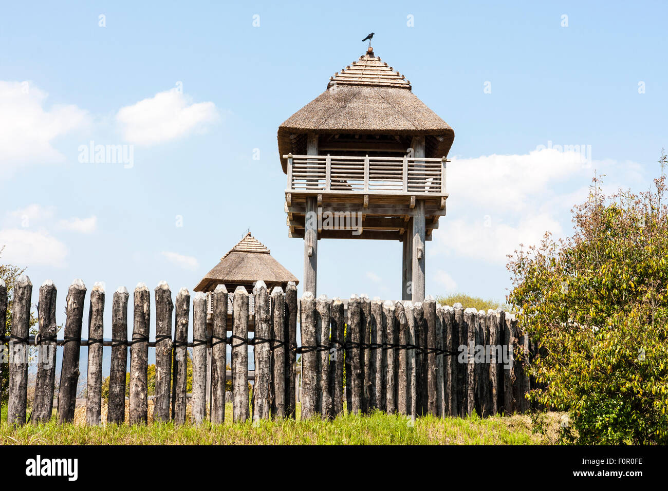 Le Japon, le parc historique Yoshinogari. Minami-Naikaku Yayoi reconstruit, au sud de la tour de garde en bois Palais intérieur et pieu de bois mur. Ciel bleu. Banque D'Images