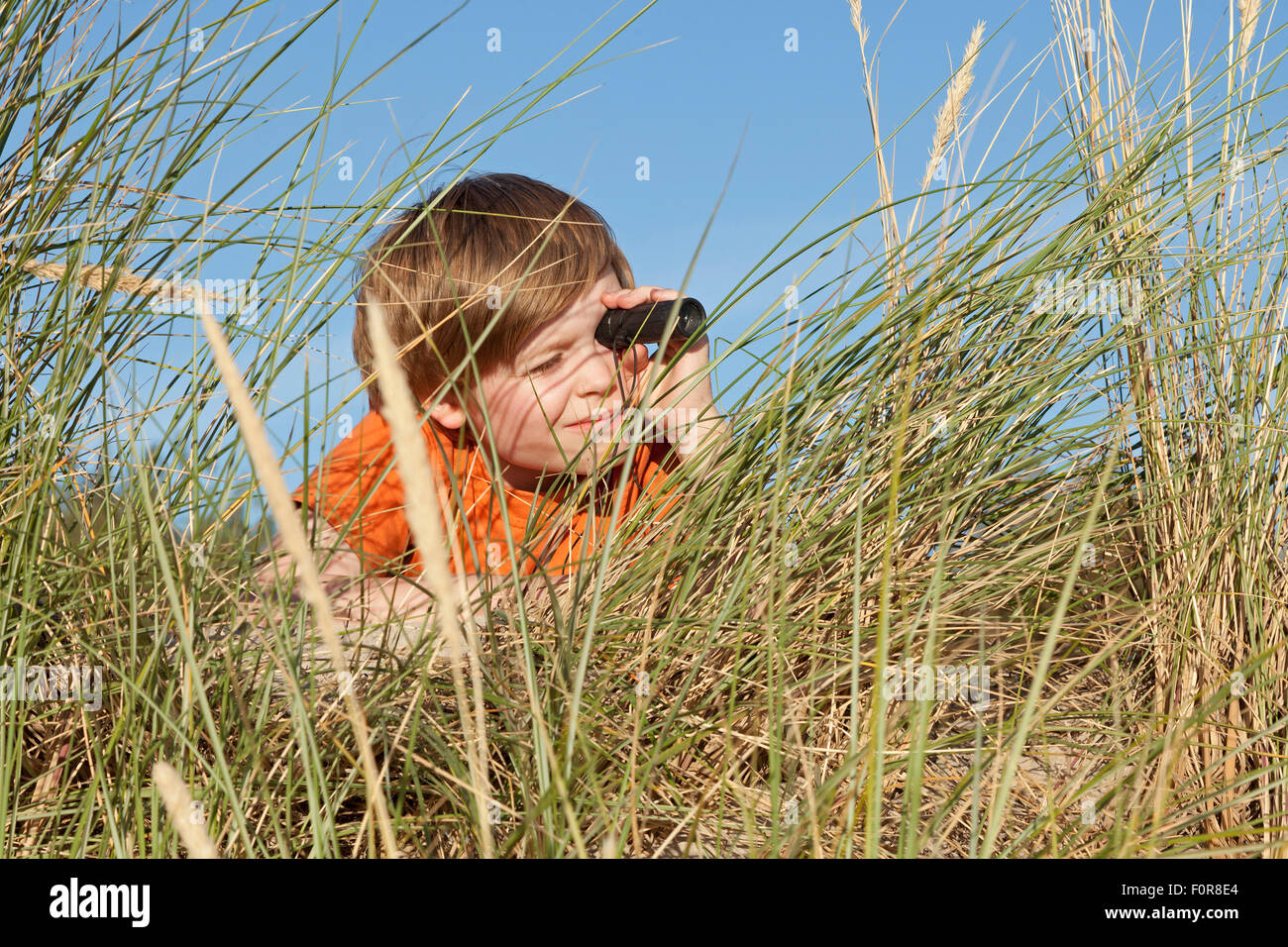 Jeune garçon en regardant à travers les dunes, monoculaire, Rostock, Rostock, Allemagne 1 Banque D'Images