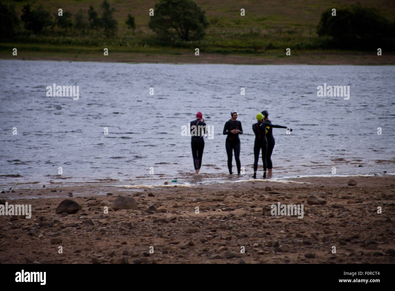 Réservoir d'Harlaw, parc régional Pentland Hills, Édimbourg, Écosse, Royaume-Uni. 20 août, 2015. La météo n'est pas typique pour l'été, 17°C. Par temps venteux et pluvieux après-midi groupe de nageurs se prépare à nager dans l'eau froide dans le réservoir Harlaw. L'endroit commence à être populaire pour les membres de la natation depuis les triathlètes Pentland a commencé à tenir des séances de formation. Credit : Joanna Tkaczuk/Alamy Live News Banque D'Images