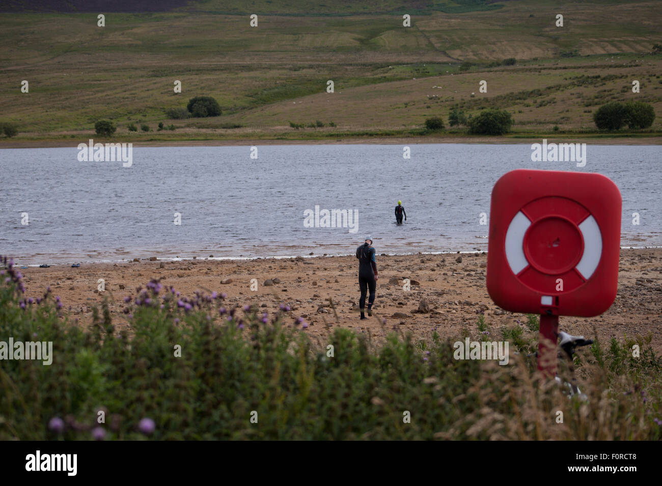 Réservoir d'Harlaw, parc régional Pentland Hills, Édimbourg, Écosse, Royaume-Uni. 20 août, 2015. La météo n'est pas typique pour l'été, 17°C. Par temps venteux et pluvieux après-midi groupe de nageurs se prépare à nager dans l'eau froide dans le réservoir Harlaw. L'endroit commence à être populaire pour les membres de la natation depuis les triathlètes Pentland a commencé à tenir des séances de formation. Credit : Joanna Tkaczuk/Alamy Live News Banque D'Images