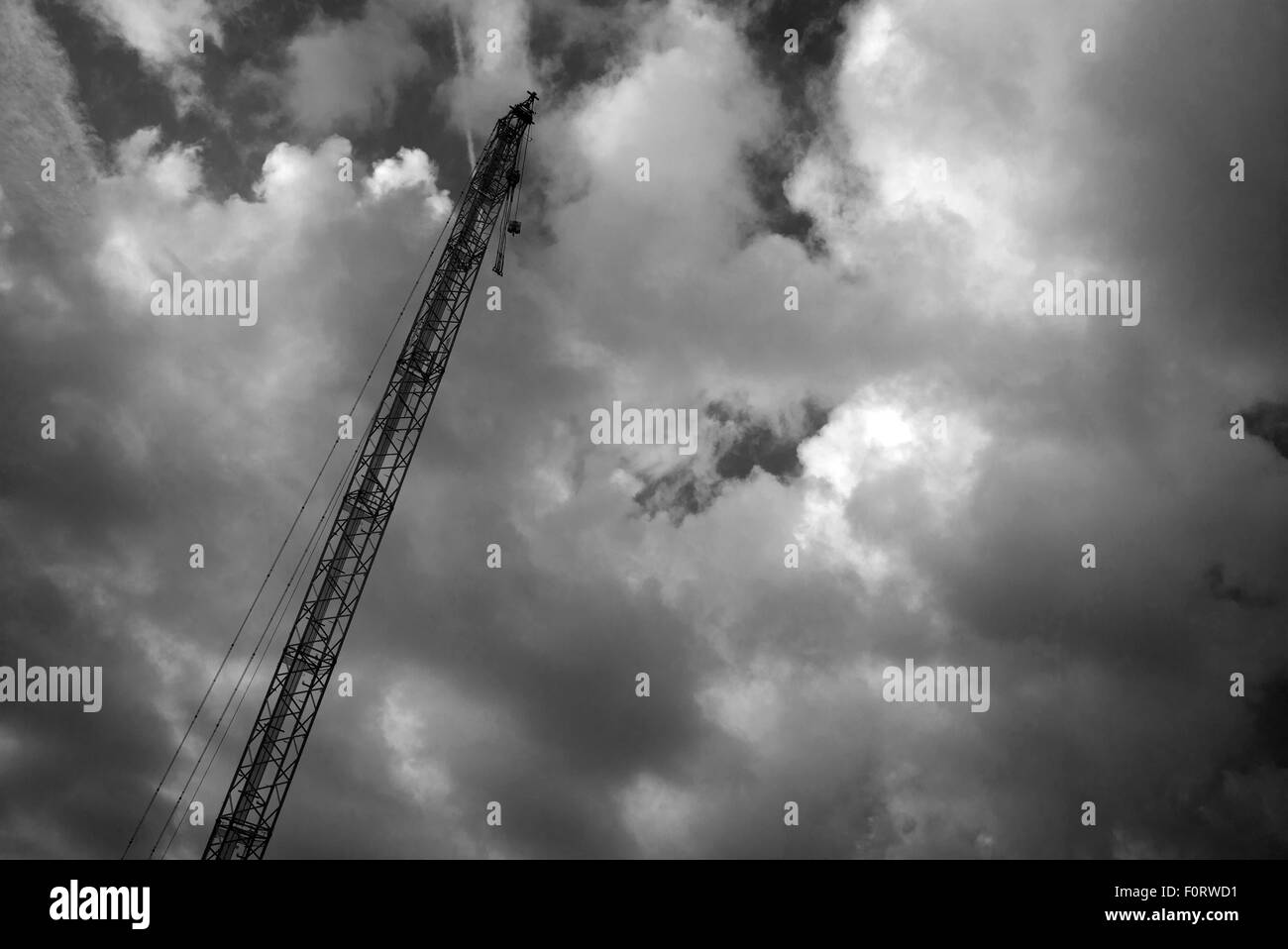 Tall Crane contre ciel nuageux, noir et blanc Banque D'Images