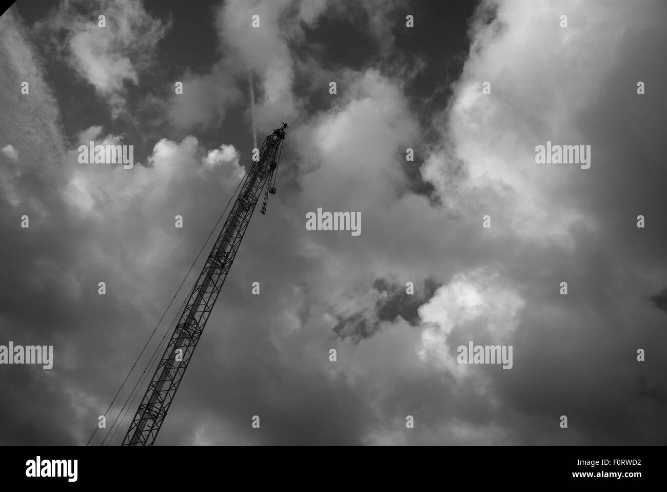 Tall Crane contre ciel nuageux, noir et blanc Banque D'Images
