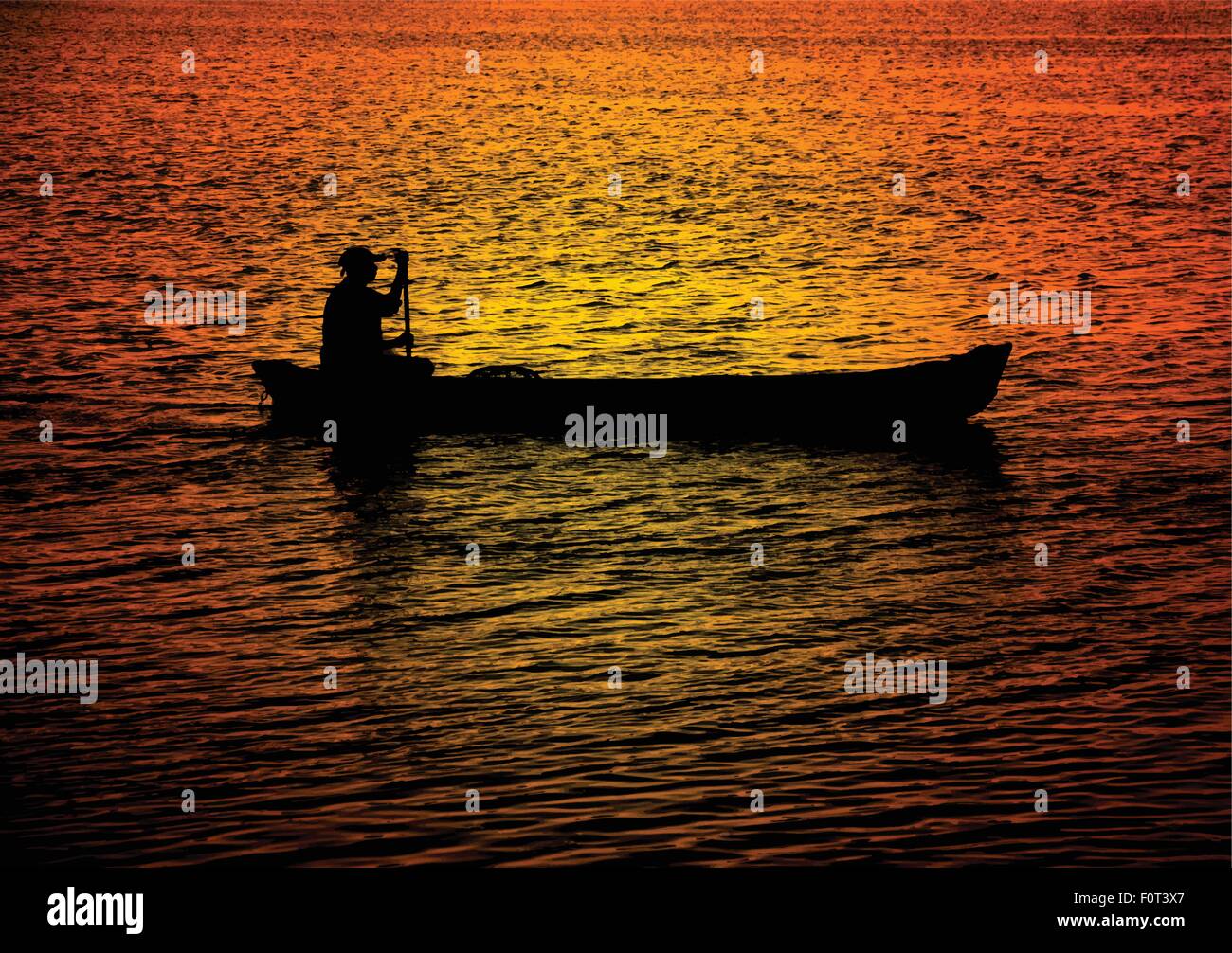 Silhouette d'un homme seul d'un canot à rames dans l'eau reflétant les couleurs coucher de soleil spectaculaire. Illustration de Vecteur