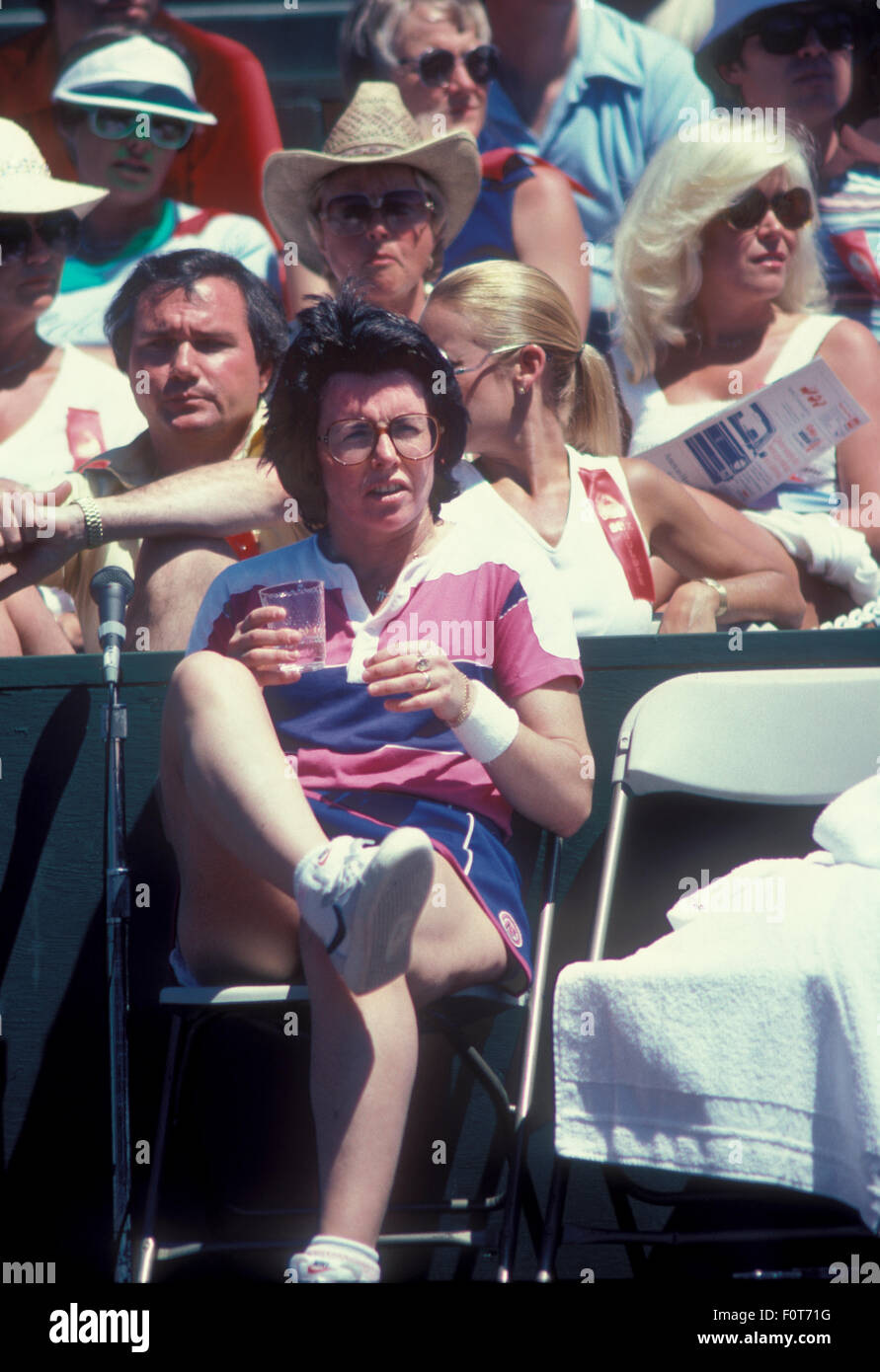 Billie Jean King à la Couronne au tournoi de tennis de Clairol La Costa Resort à Carlsbad, en Californie en avril 1980. Banque D'Images