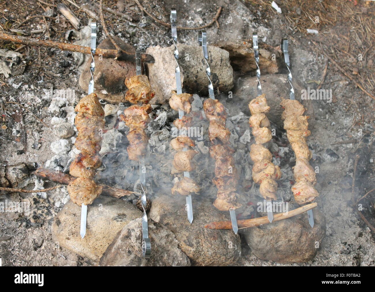 La préparation de la viande sur le feu de camp Banque D'Images