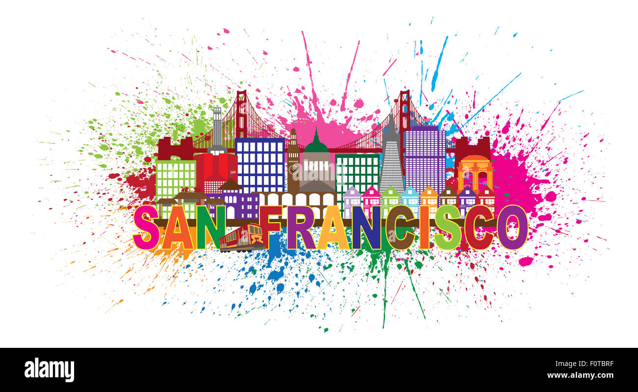 San Francisco California City Skyline avec Golden Gate Bridge du texte en couleur avec la peinture abstraite Splatter Illustration Banque D'Images