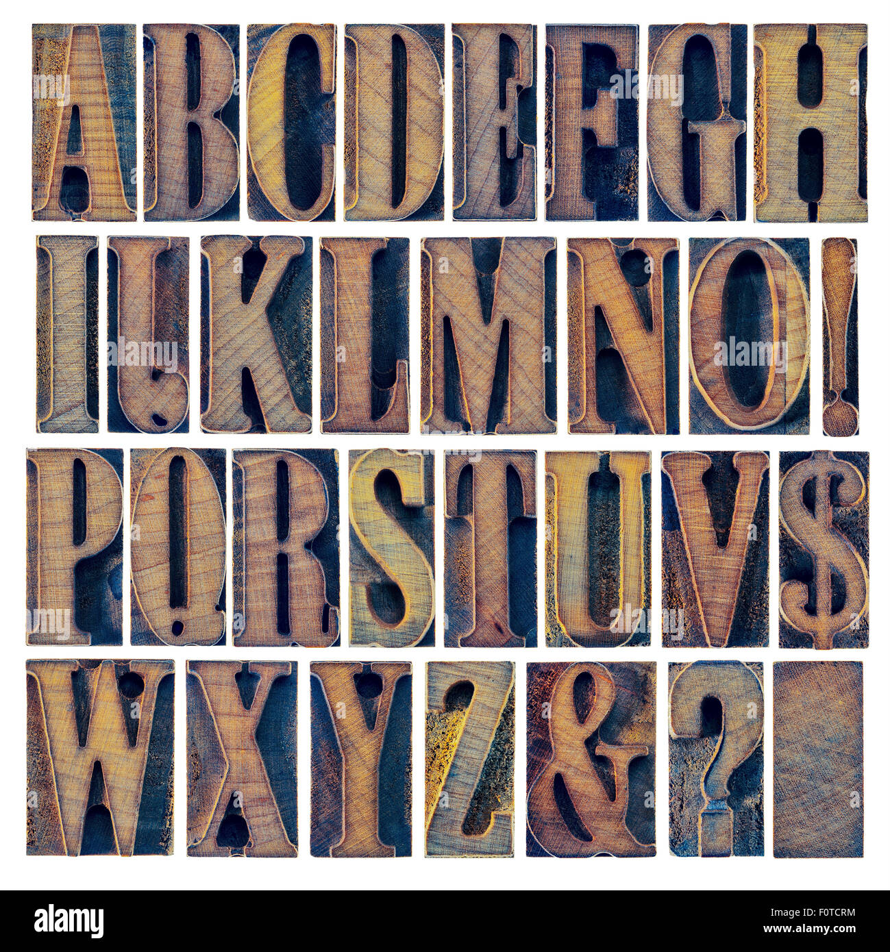 L'alphabet en typographie moderne type de blocs d'impression, un collage de 26 lettres isolées, le point d'interrogation, d'exclamation, am Banque D'Images