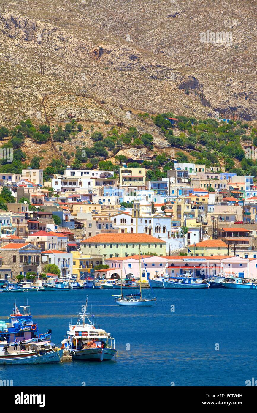 Bateau de pêche en Port de Pothia, Kalymnos, Dodecanese, îles grecques, Grèce, Europe Banque D'Images