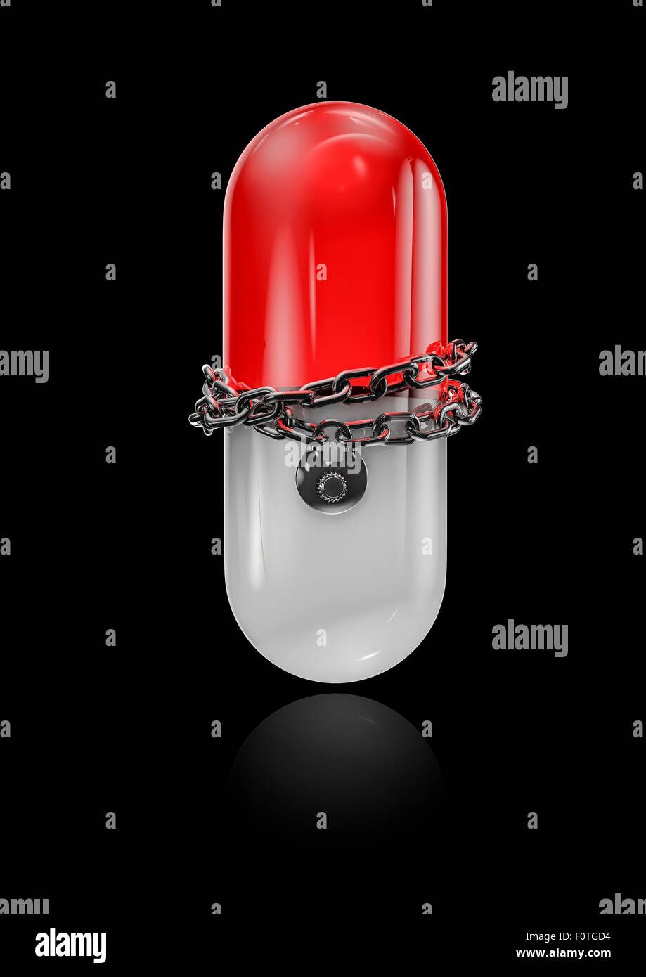 Comprimé enchaînés, 3D render of medical capsule avec verrouillage et chaîne Banque D'Images