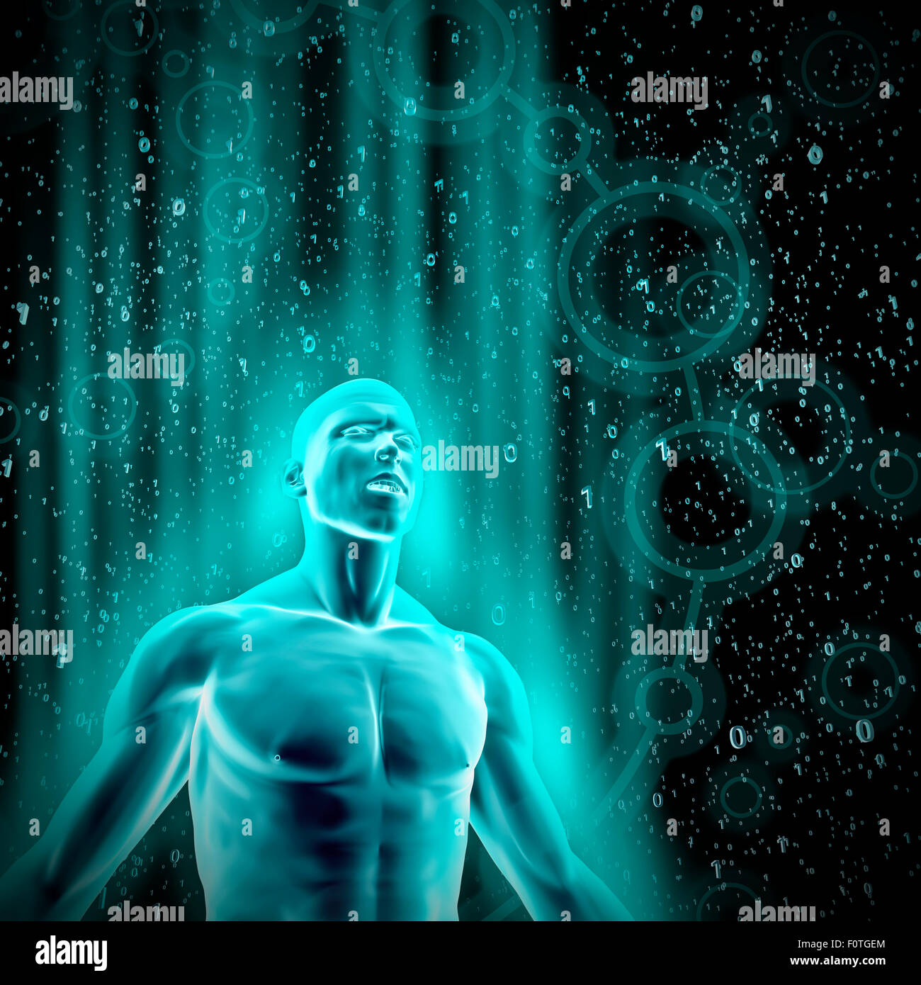 Flux de données, 3D render of glowing figure masculine entourée par Galaxy de données binaires Banque D'Images