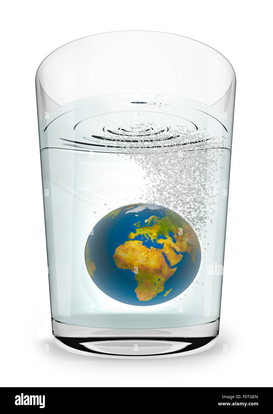 Terre seltzer, 3D render of planet Earth pétillement dans verre d'eau Banque D'Images