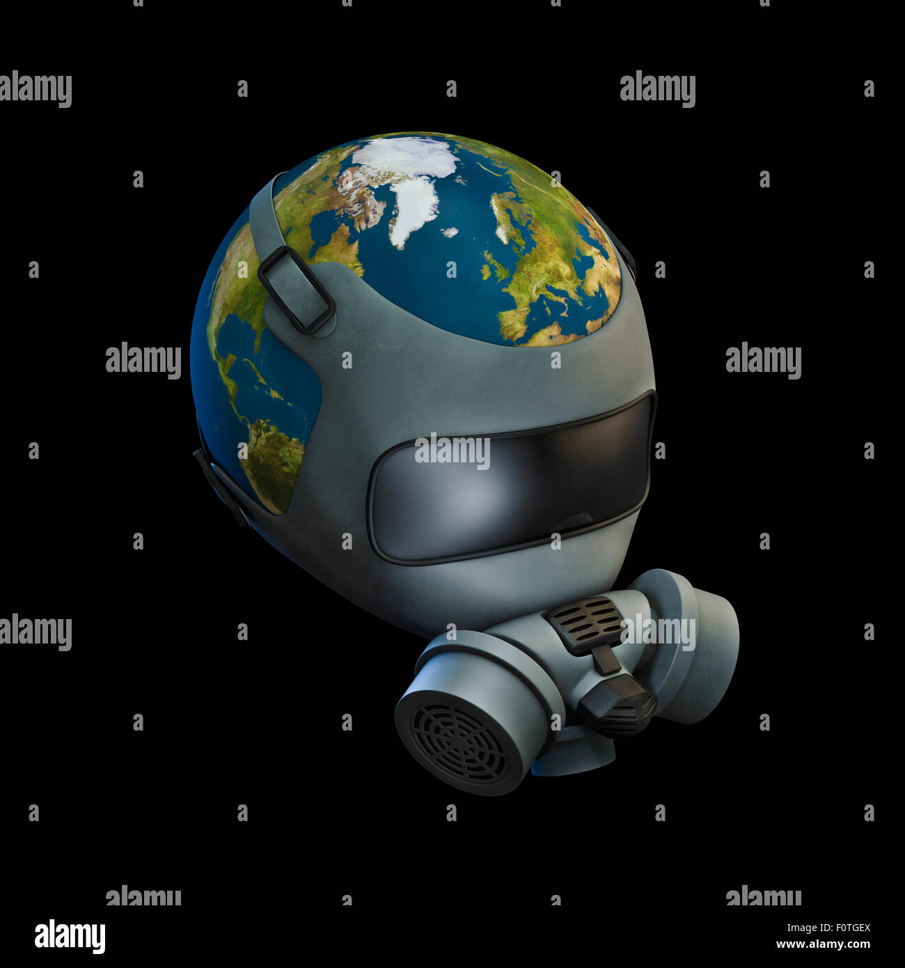Masque à gaz rendu 3D de la Terre, de la planète Terre portant masque à gaz. Banque D'Images