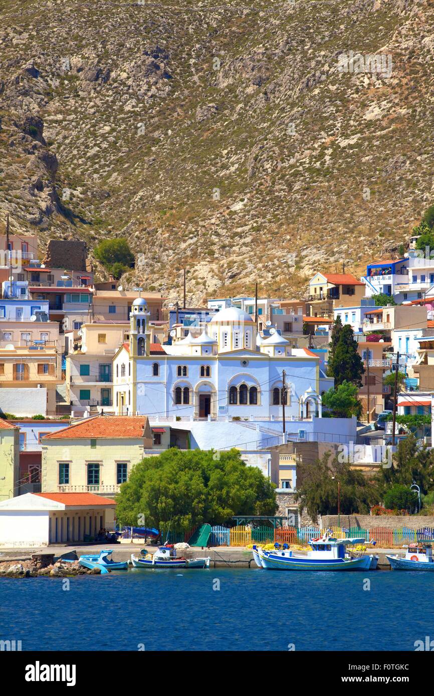 Bateaux de pêche au port de Pothia, Kalymnos, Dodecanese, îles grecques, Grèce, Europe Banque D'Images