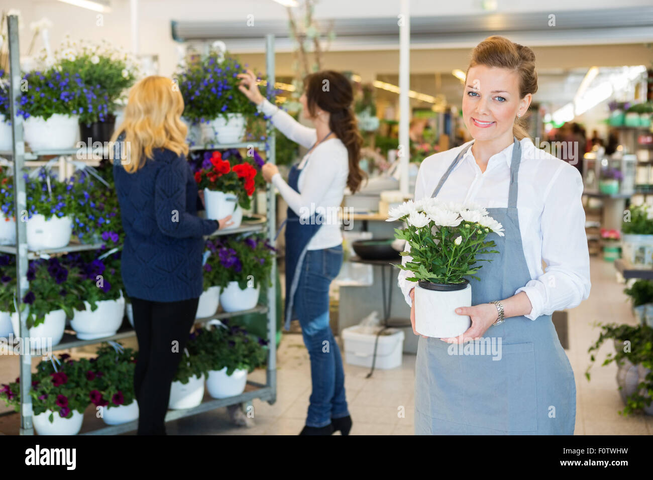 Fleuriste heureux holding flower pot dans shop Banque D'Images