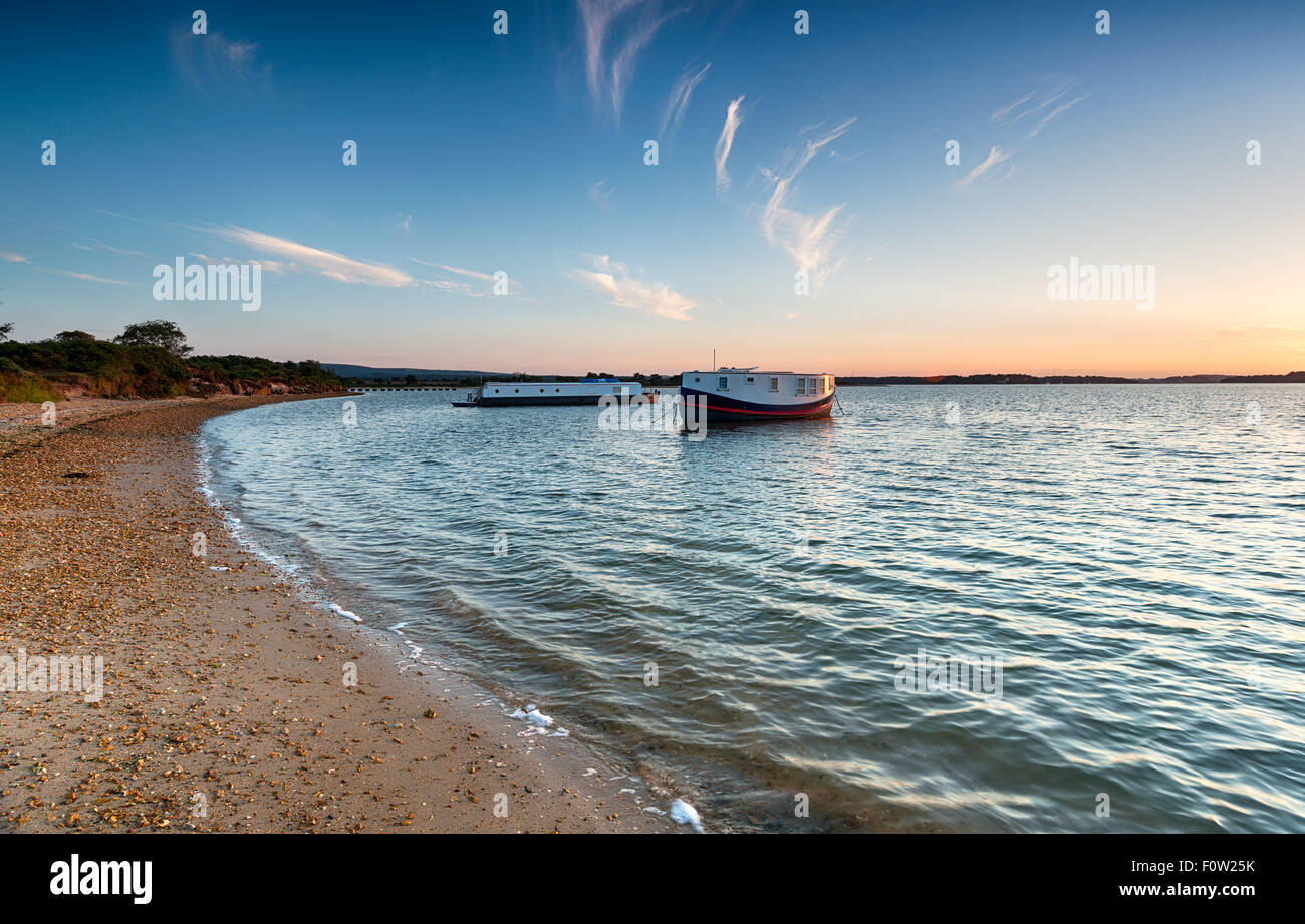 Bateaux-maison sur la plage de la Baie des ronces sur Studland dans Dorset Banque D'Images