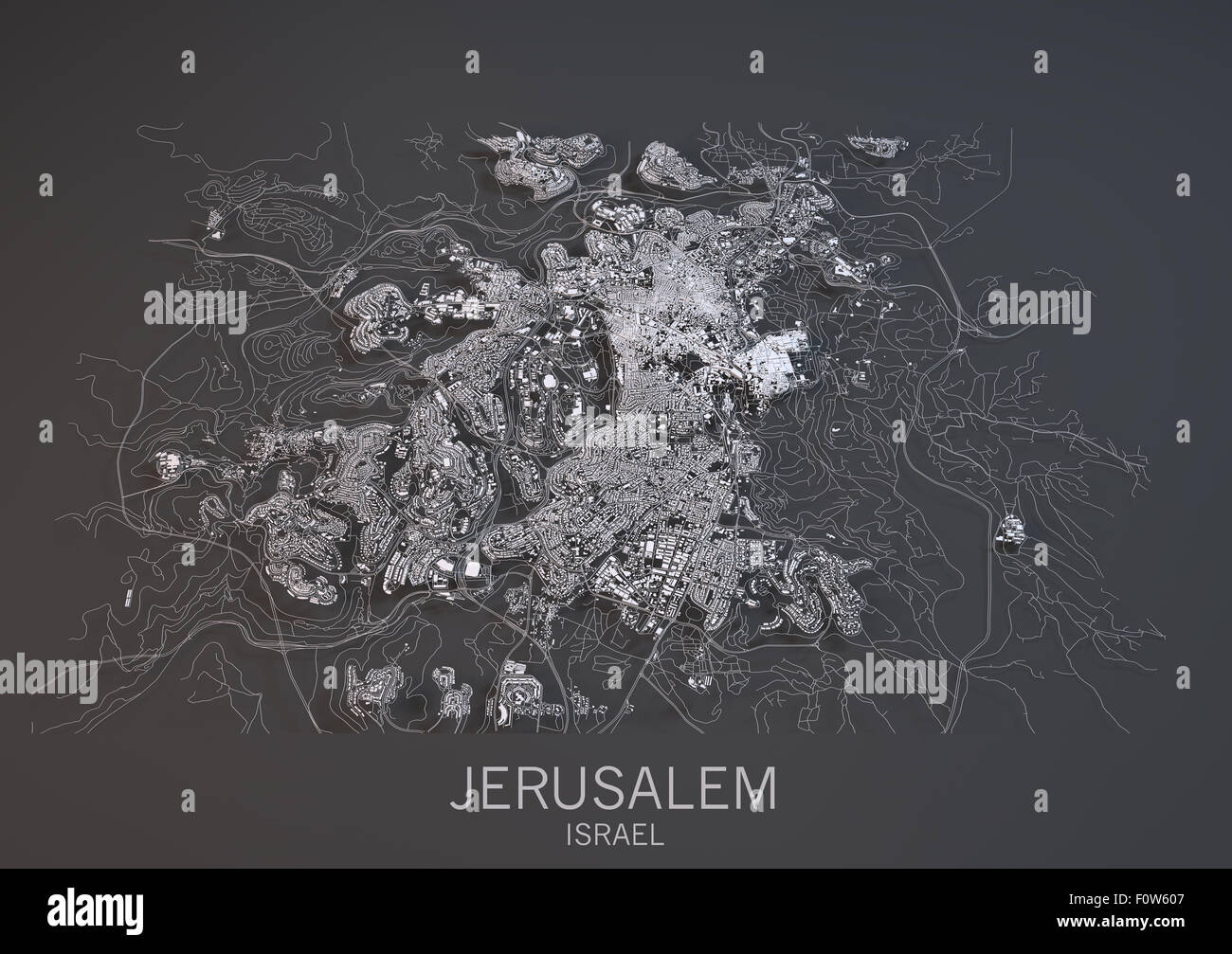 La carte de Jérusalem, Israël, la vue satellite, carte en 3d. Le noir et blanc Banque D'Images