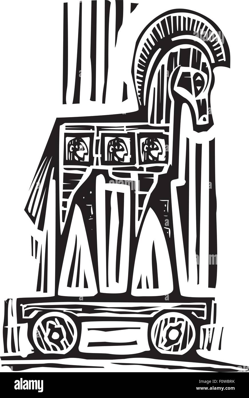 Xylographie expressionniste style image du cheval de Troie Grec Illustration de Vecteur