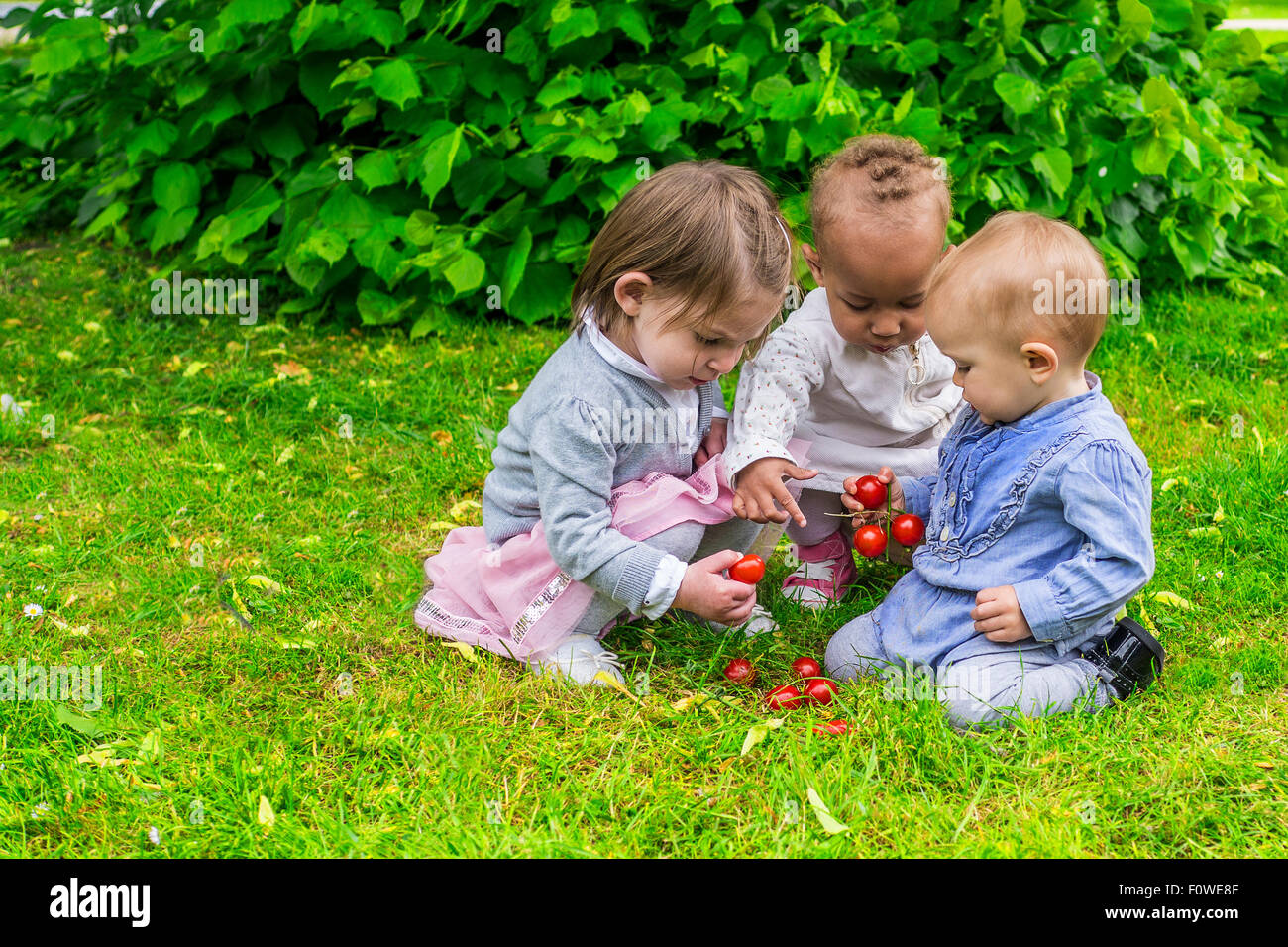 Trois jolies filles jouant avec des fruits dans le jardin Banque D'Images