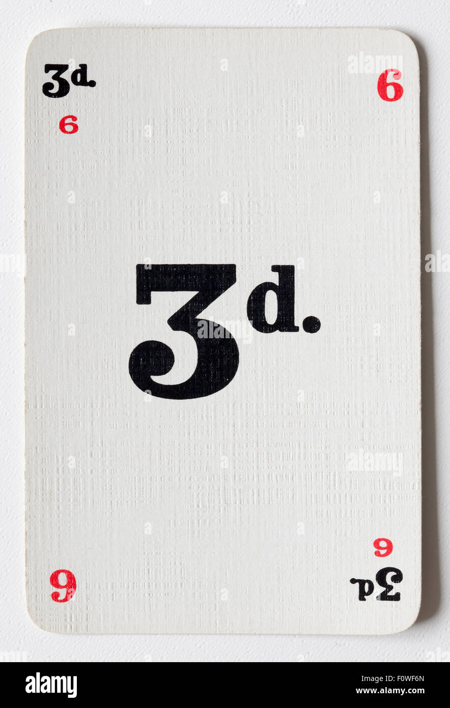 Ancienne carte à jouer trois pence de résumer le jeu Banque D'Images