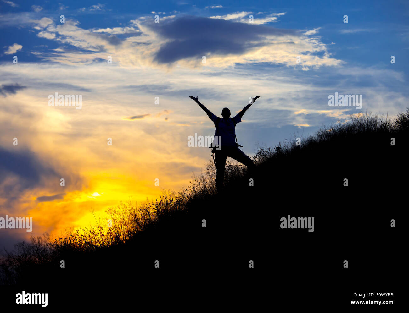 Silhouette de femme aux mains levées Banque D'Images