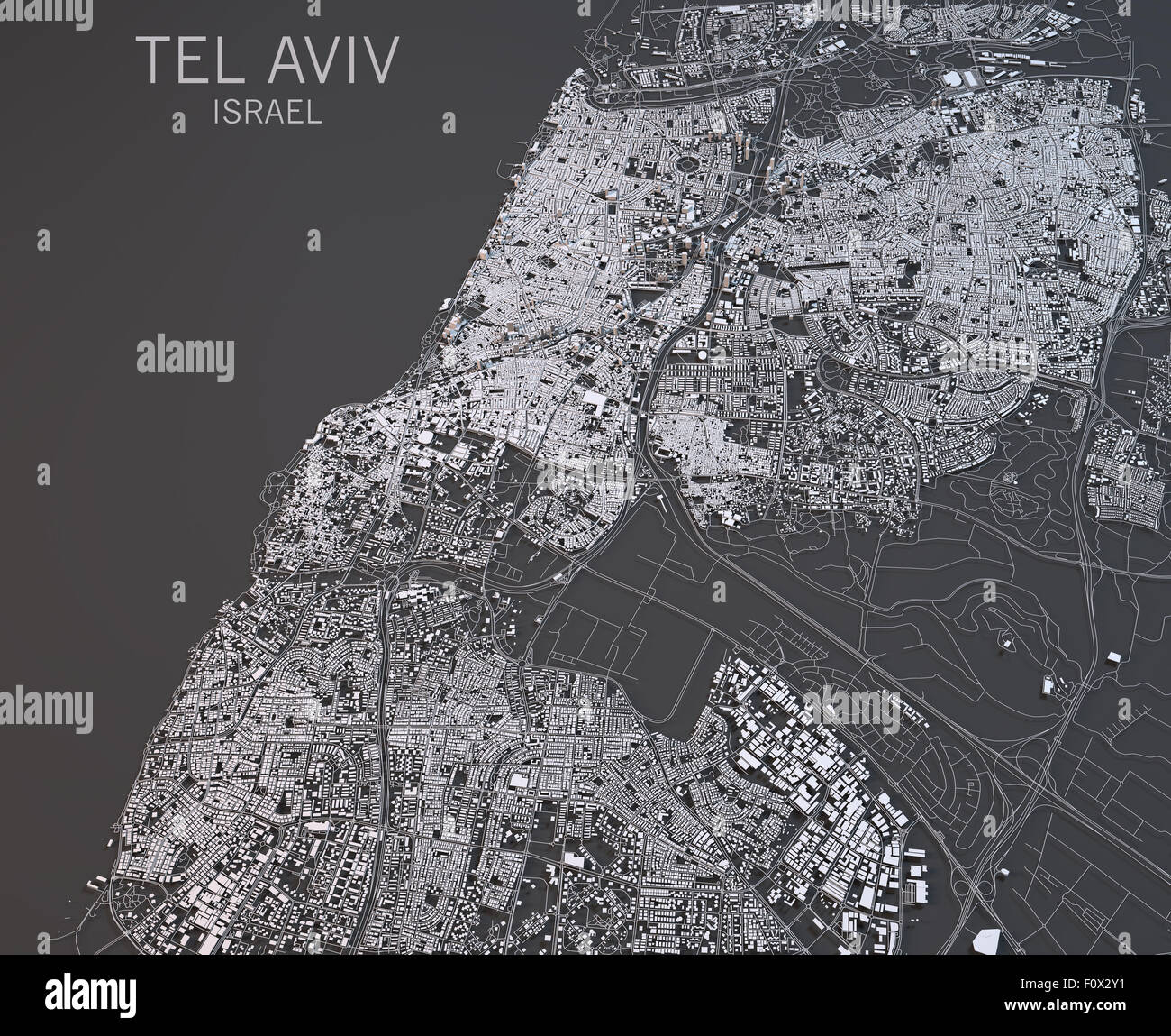 Carte de Tel Aviv, Israël, la vue satellite, carte en 3d. Le noir et blanc Banque D'Images