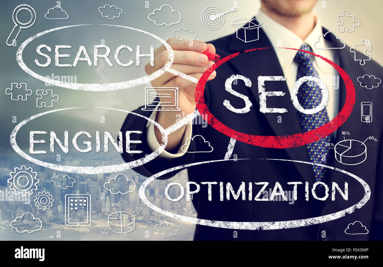 Businessman concept SEO dessin dessin animé avec des bulles Banque D'Images