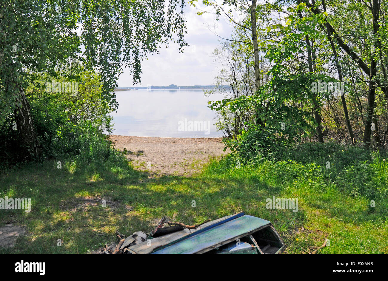 Vieux bateau sur le rivage du lac Powidz, Pologne Banque D'Images