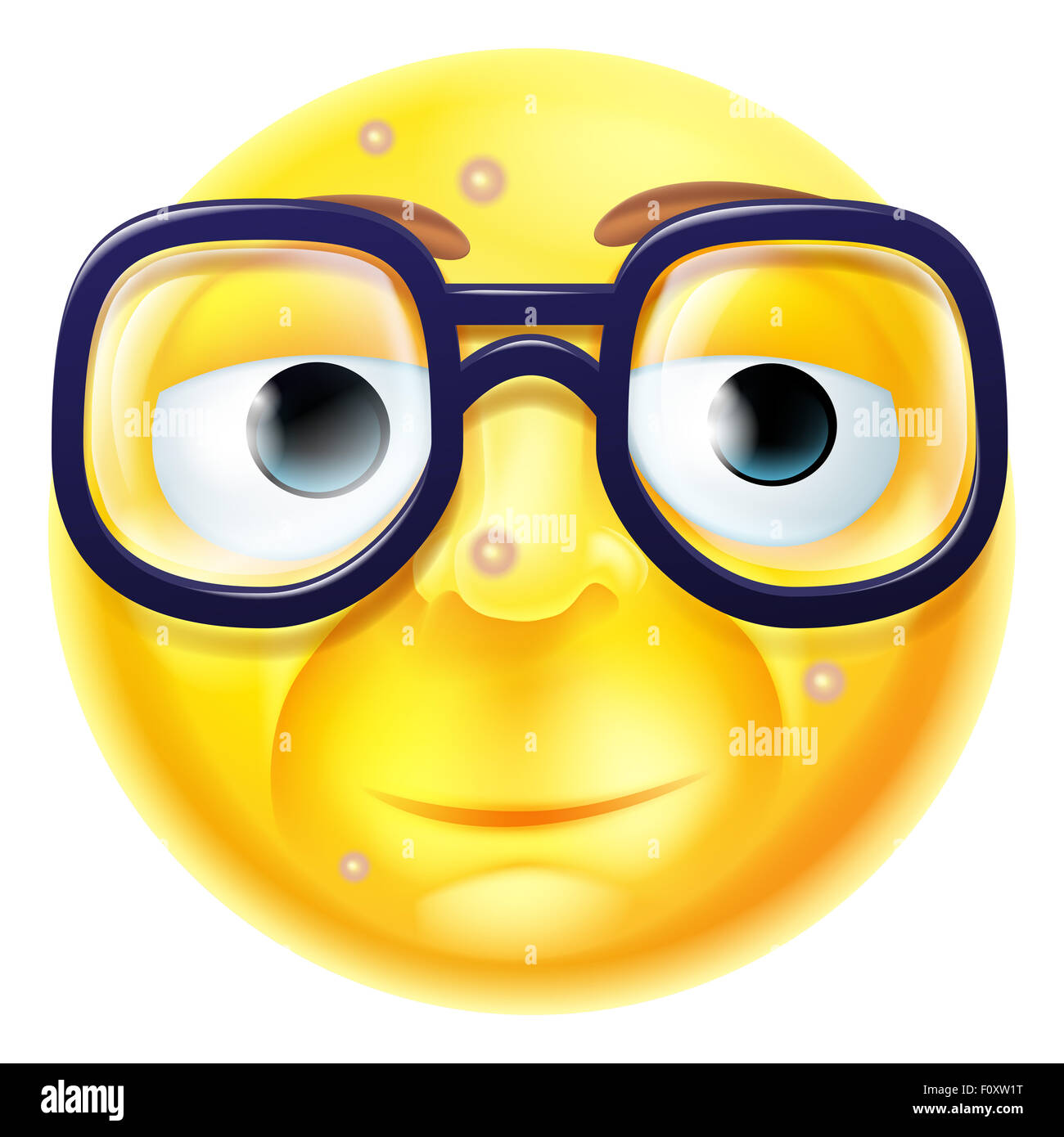 Un dessin animé geek ou nerd émoticône caractère emoji avec d'énormes lunettes Banque D'Images