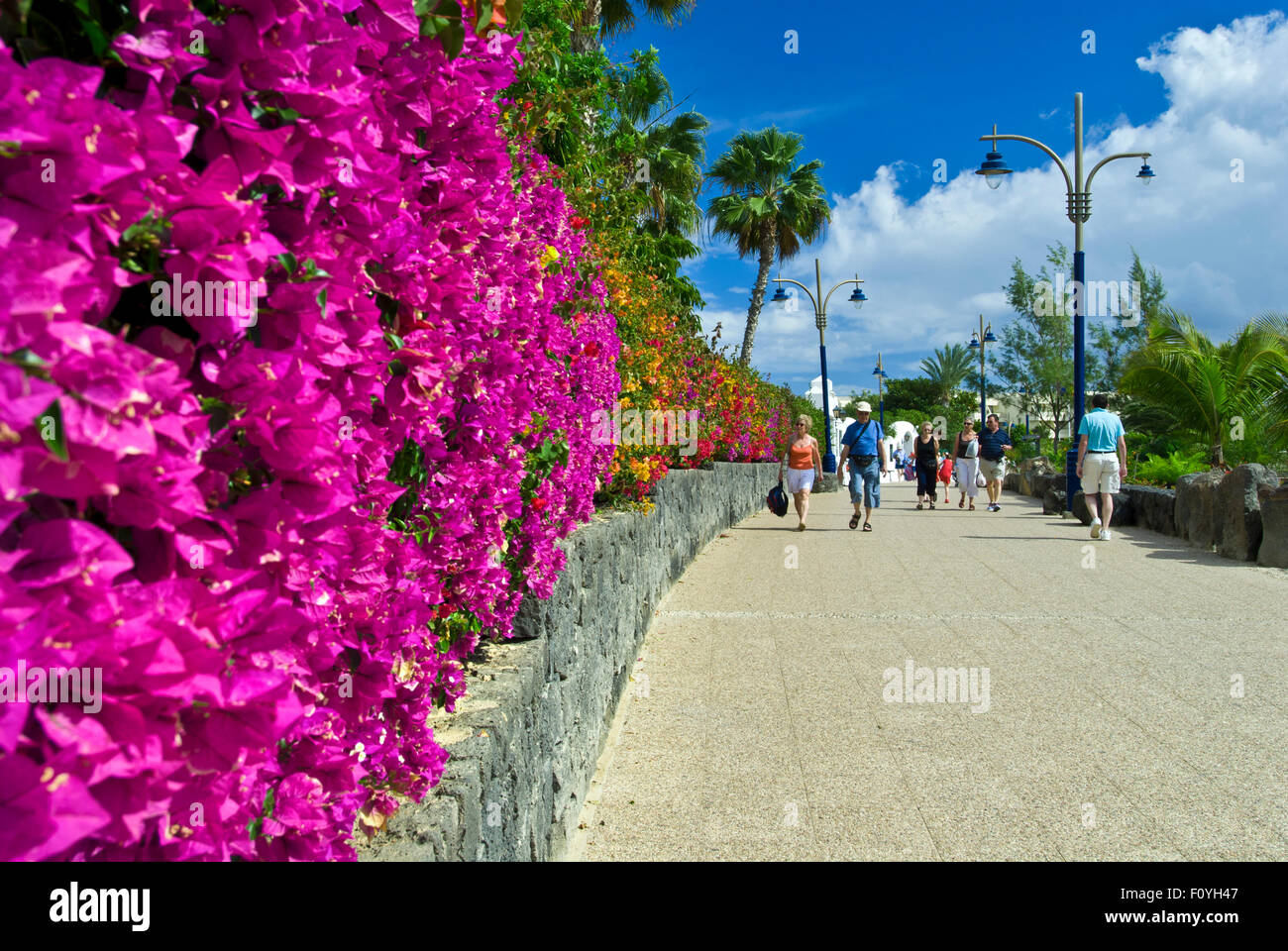 PLAYA BLANCA promenade piétonne bordée de bougainvilliers colorés avec des touristes profitant du beau temps en plein air Playa Blanca Lanzarote Iles Canaries Banque D'Images