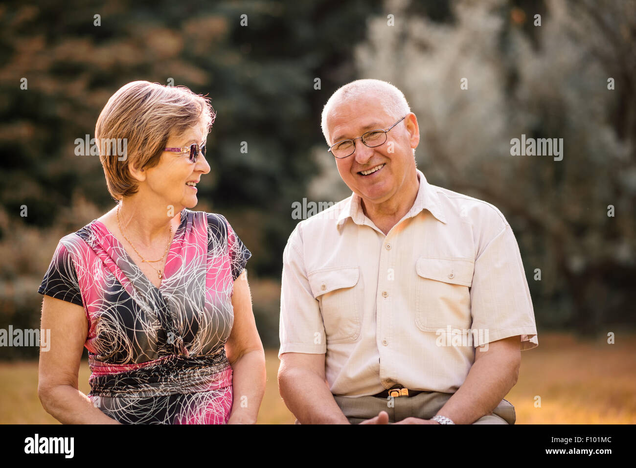 Smiling happy senior couple - ensemble dans la nature en plein air Banque D'Images