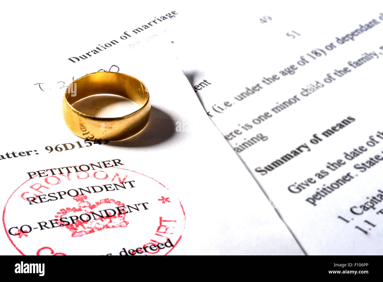 Anneau de mariage et décret absolu. Papiers de divorce. Banque D'Images