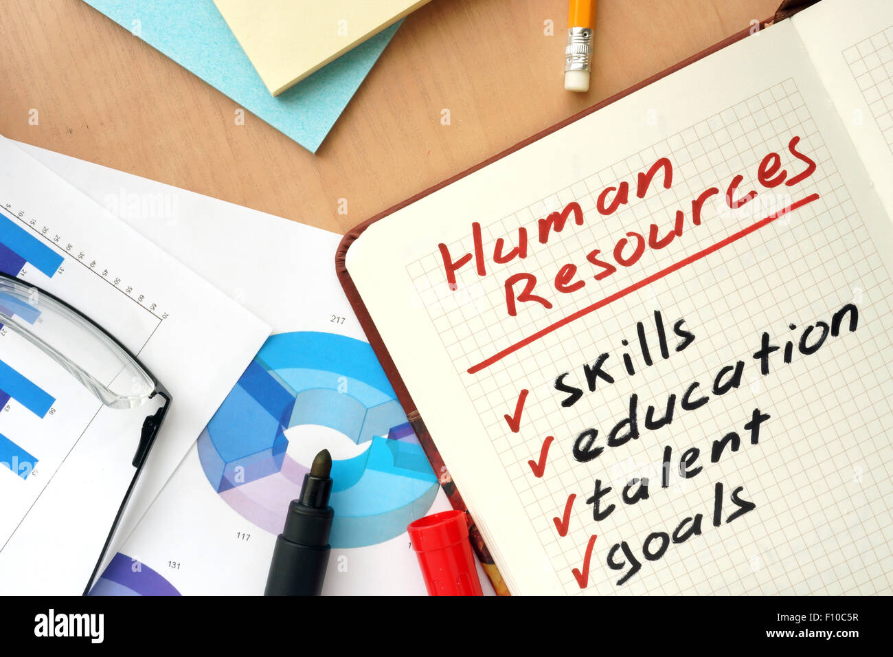 Le bloc-notes avec des ressources humaines mot concept et verres Banque D'Images