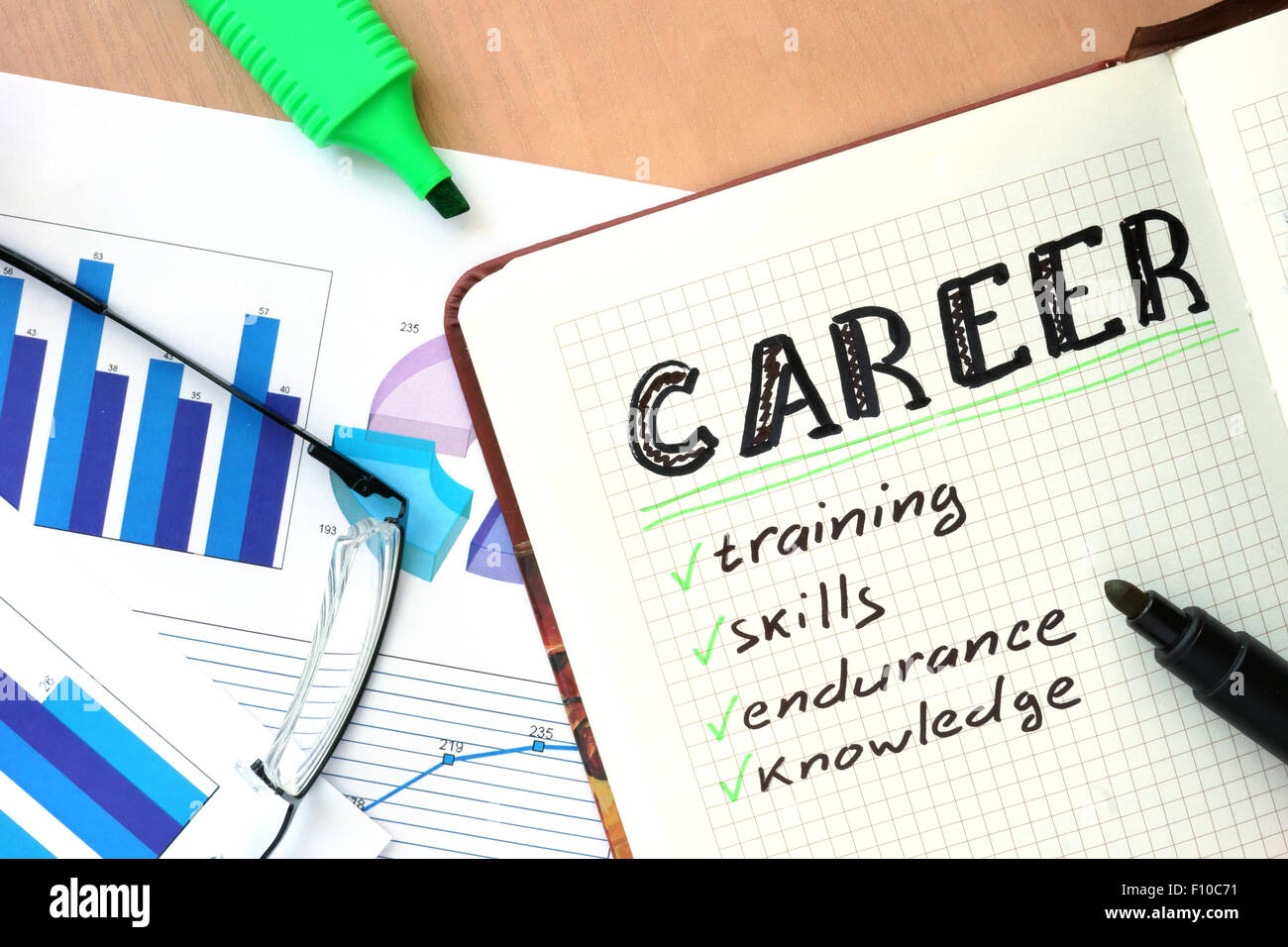 Le bloc-notes avec word notion de carrière et verres Banque D'Images