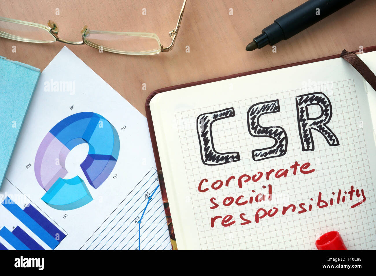 Le bloc-notes avec word LA RSE Responsabilité sociale de l'entreprise concept et marqueur. Banque D'Images