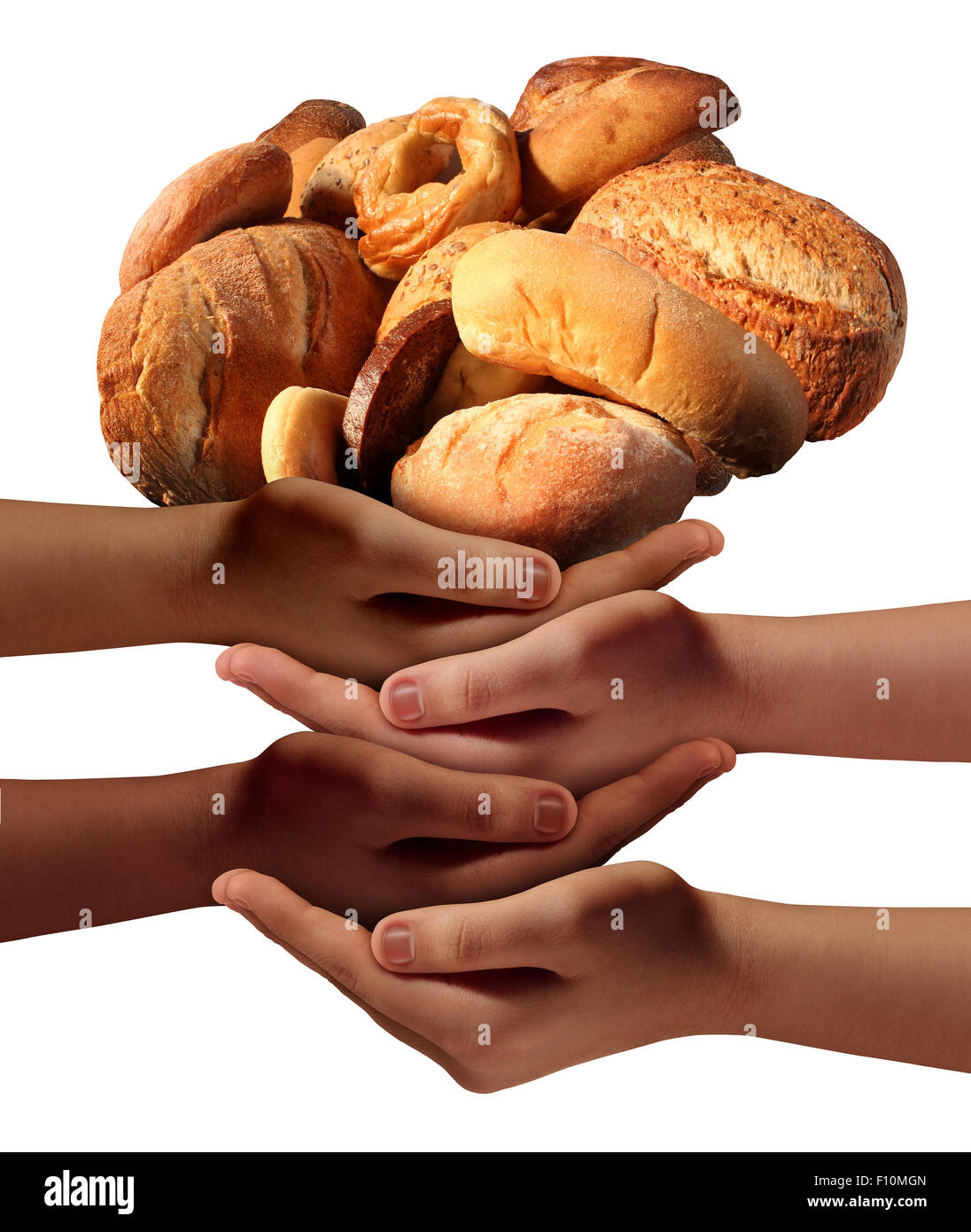 Nourrir les pauvres de la communauté concept d'assistance avec un groupe de mains de bienfaisance représentant divers groupes de personnes collaborant ensemble pour fournir du pain ou de la nourriture à l'affamé et les nécessiteux de la société. Banque D'Images