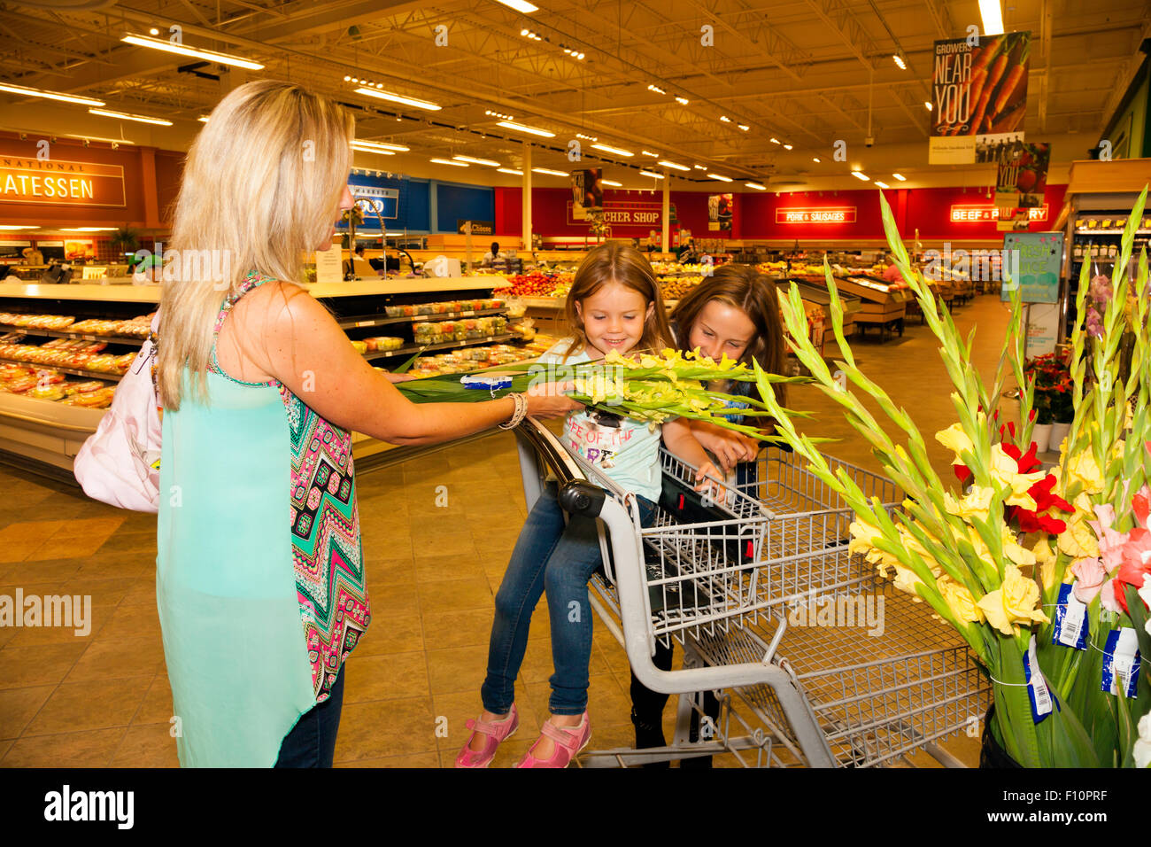 Maman avec ses 2filles (6 ans et 9) Faites vos achats dans une épicerie et apprendre à lire les étiquettes des produits de valeur nutritionnelle Banque D'Images