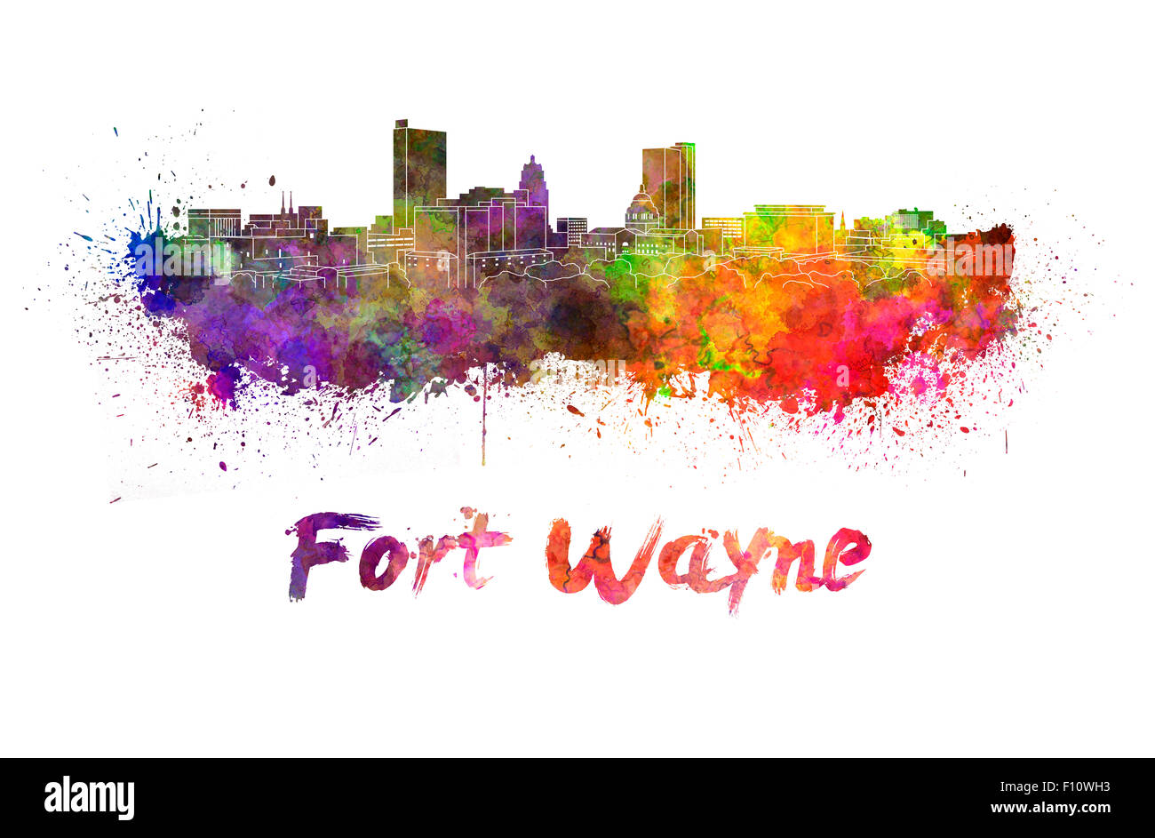 Fort Wayne skyline à l'aquarelle des éclaboussures avec clipping path Banque D'Images